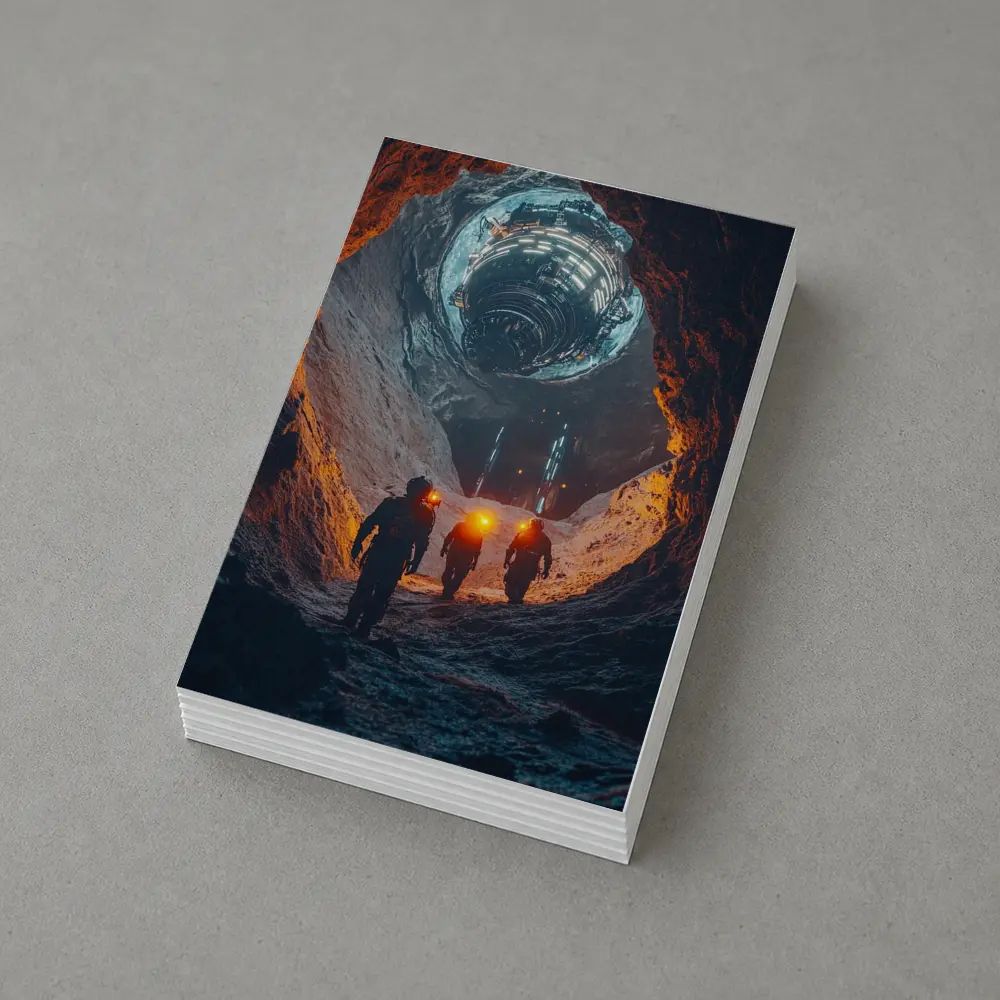 Astronauts Walking Through Glowing Sci Fi Cave – Postcards