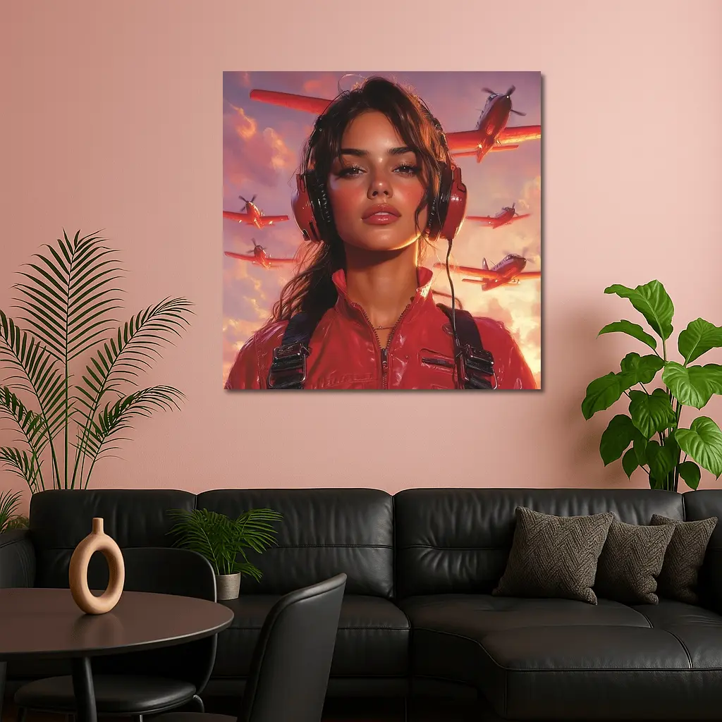 Female Pilot Red Jumpsuit Airplanes Sky – Wall Art
