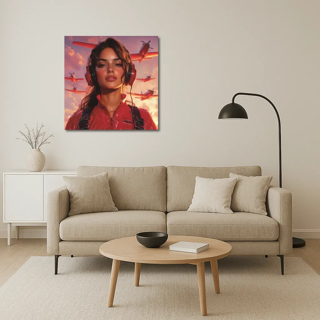 Female Pilot Red Jumpsuit Airplanes Sky – Wall Art