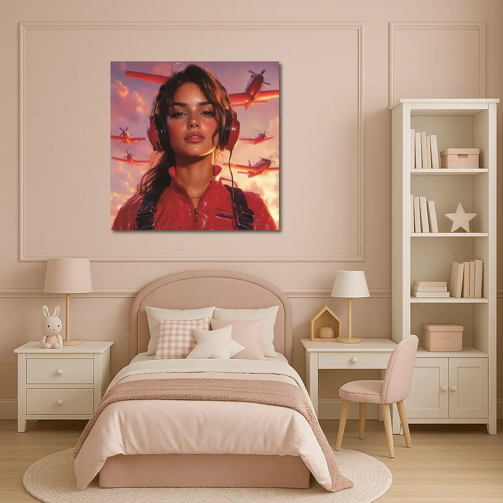 Female Pilot Red Jumpsuit Airplanes Sky – Wall Art