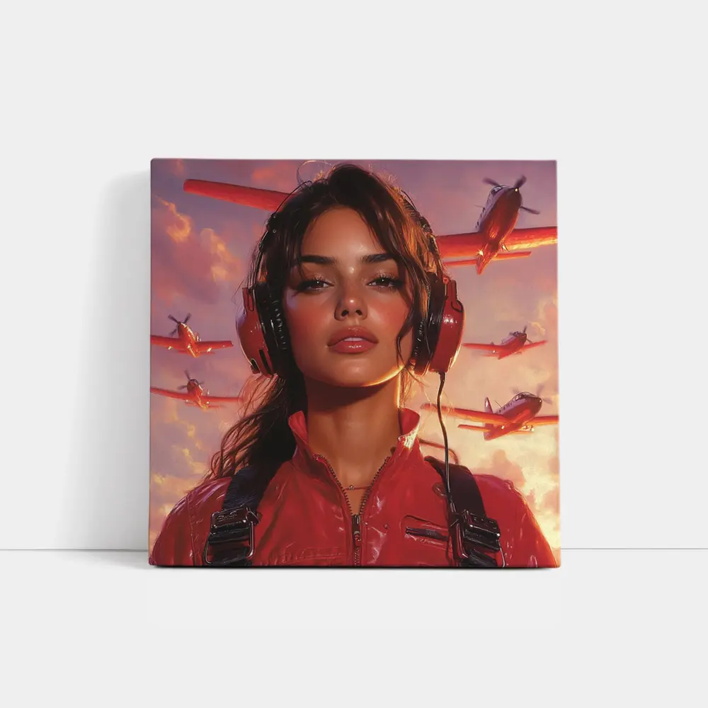 Female Pilot Red Jumpsuit Airplanes Sky – Wall Art