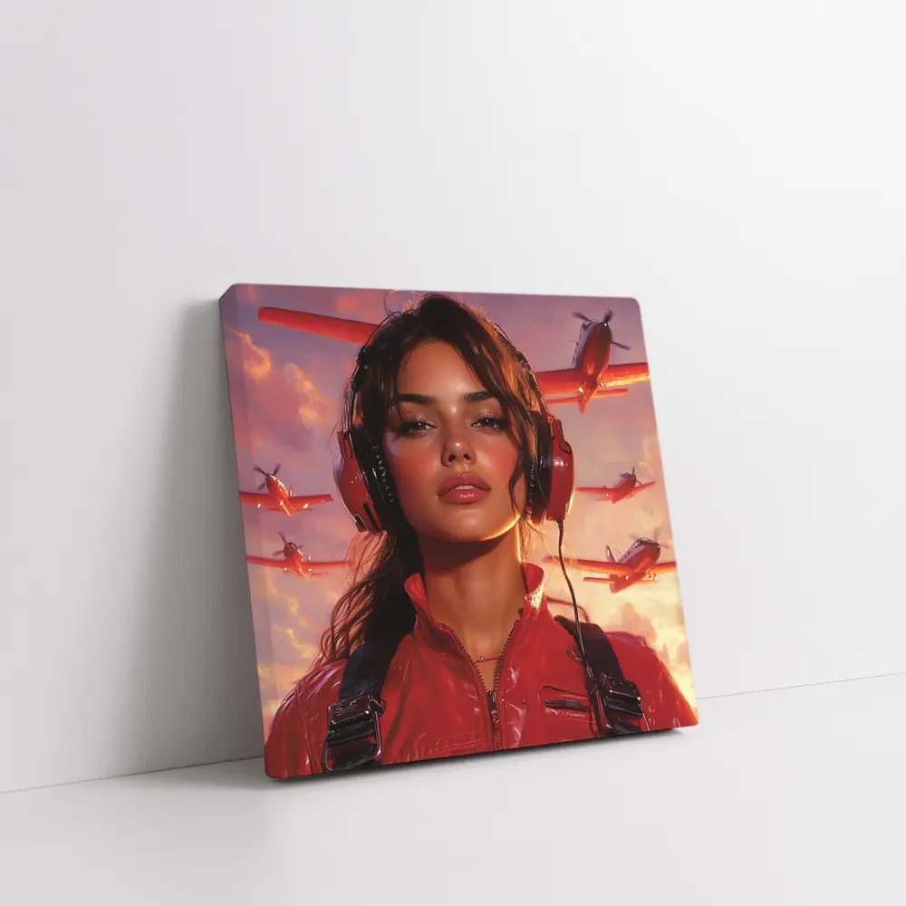Female Pilot Red Jumpsuit Airplanes Sky – Wall Art