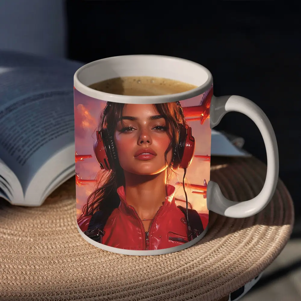 Female Pilot Red Jumpsuit Airplanes Sky – Mugs