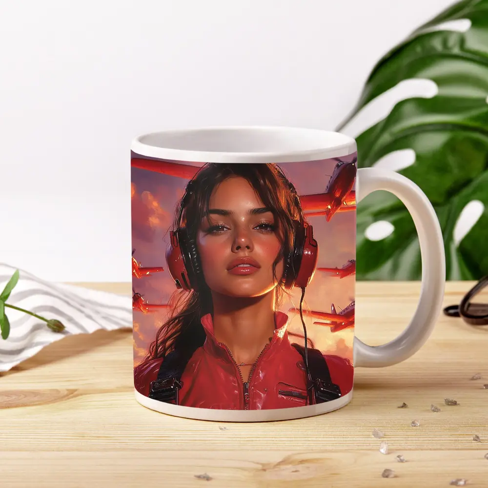 Female Pilot Red Jumpsuit Airplanes Sky – Mugs