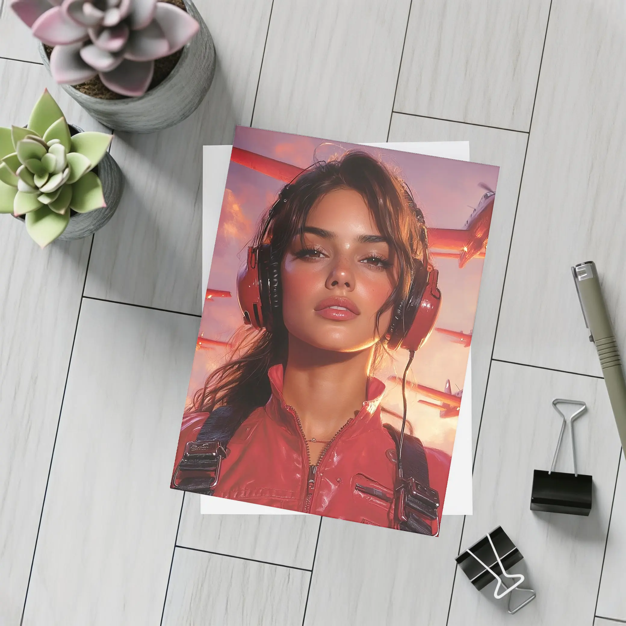 Female Pilot Red Jumpsuit Airplanes Sky – Postcards