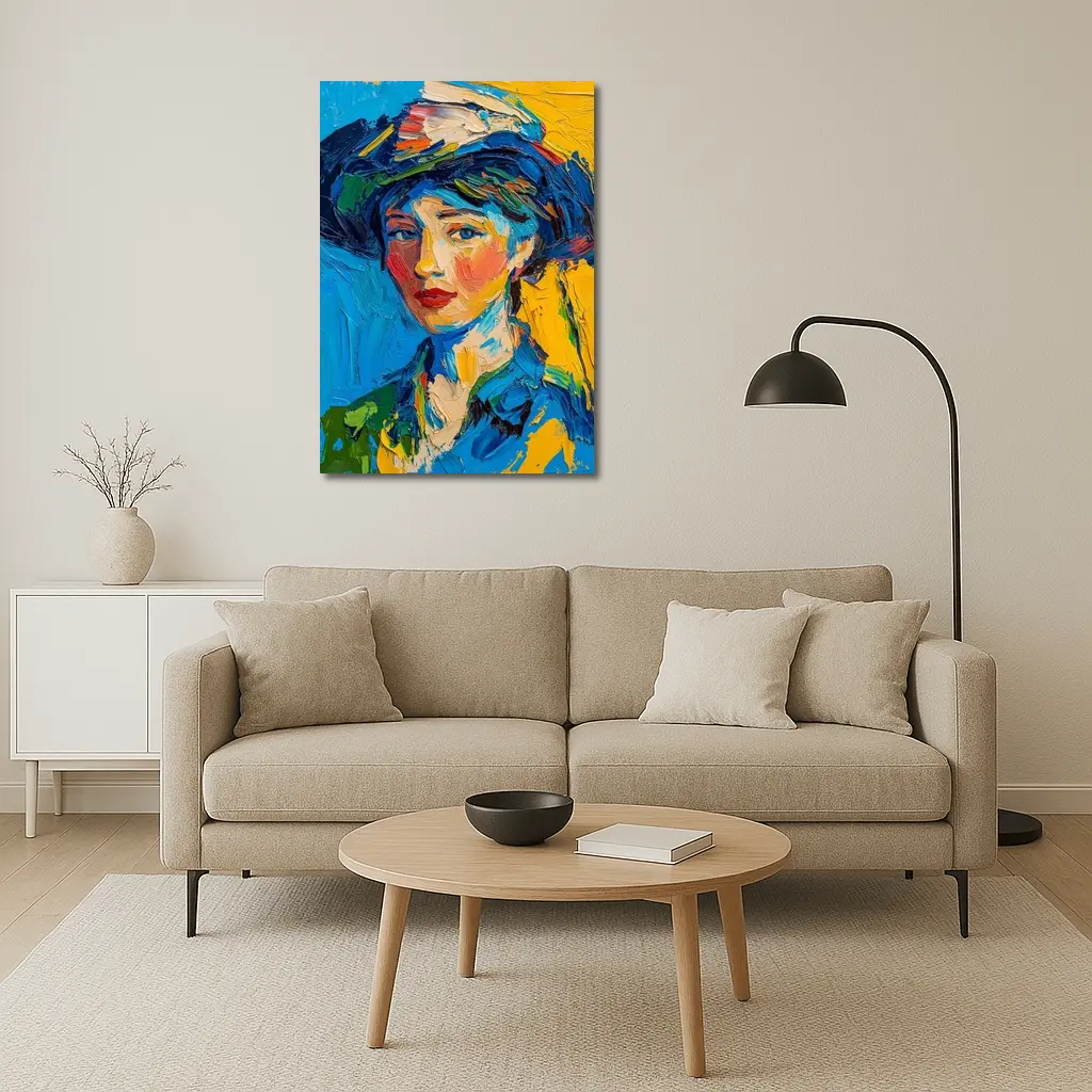 Expressionist Woman Portrait Blue Yellow Background – Wall Art