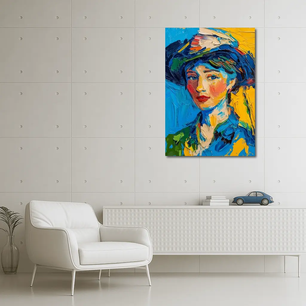 Expressionist Woman Portrait Blue Yellow Background – Wall Art