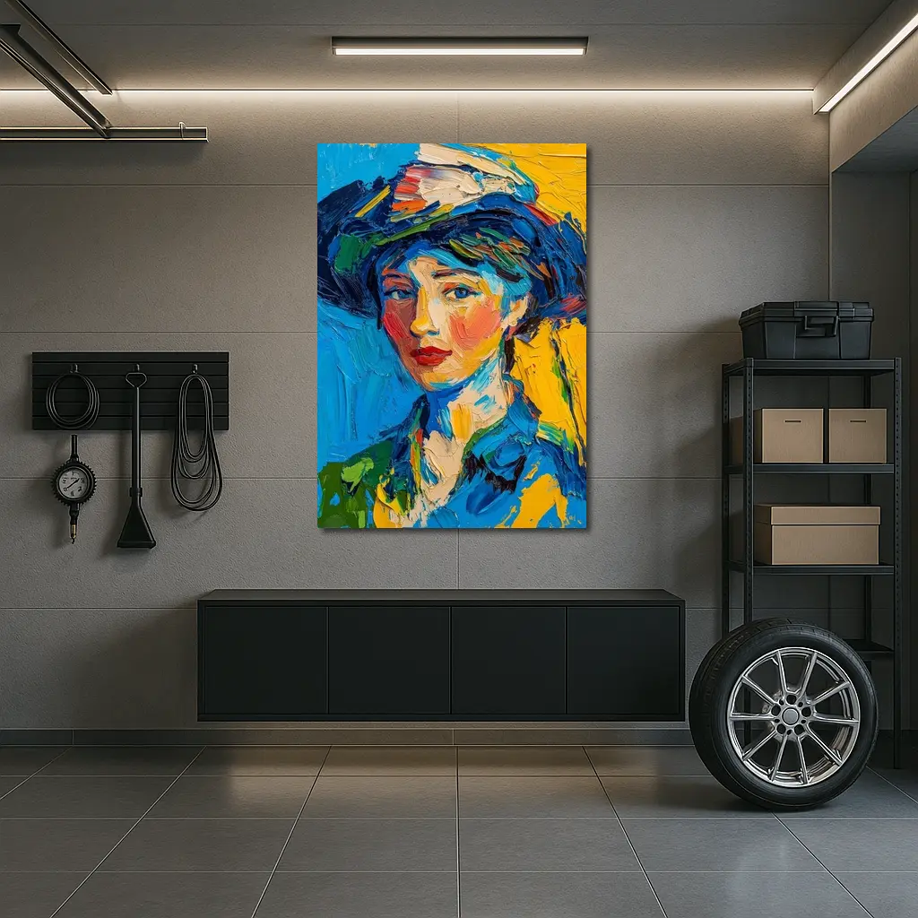 Expressionist Woman Portrait Blue Yellow Background – Wall Art