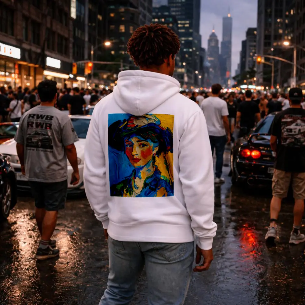 Expressionist Woman Portrait Blue Yellow Background – Hoodies