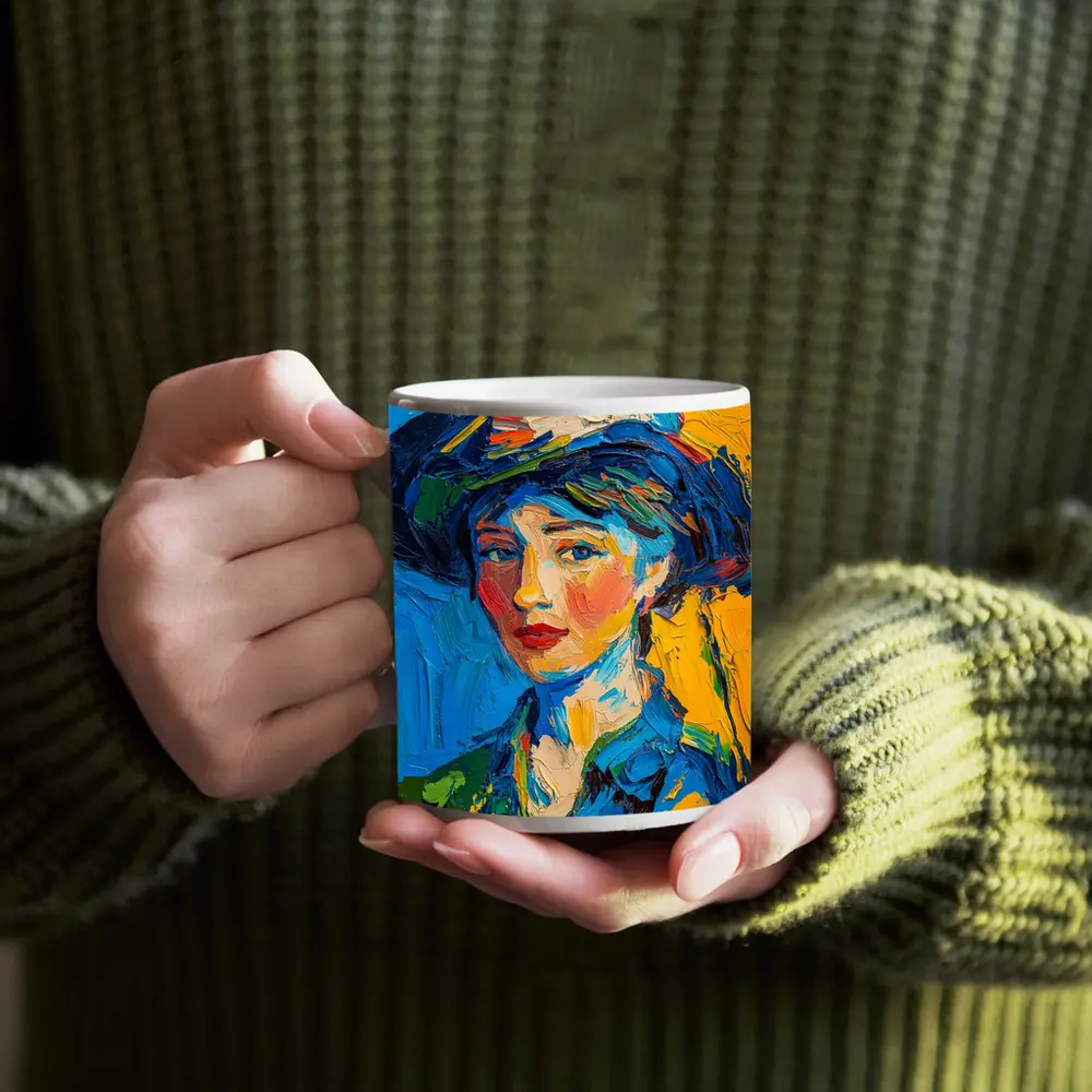 Expressionist Woman Portrait Blue Yellow Background – Mugs