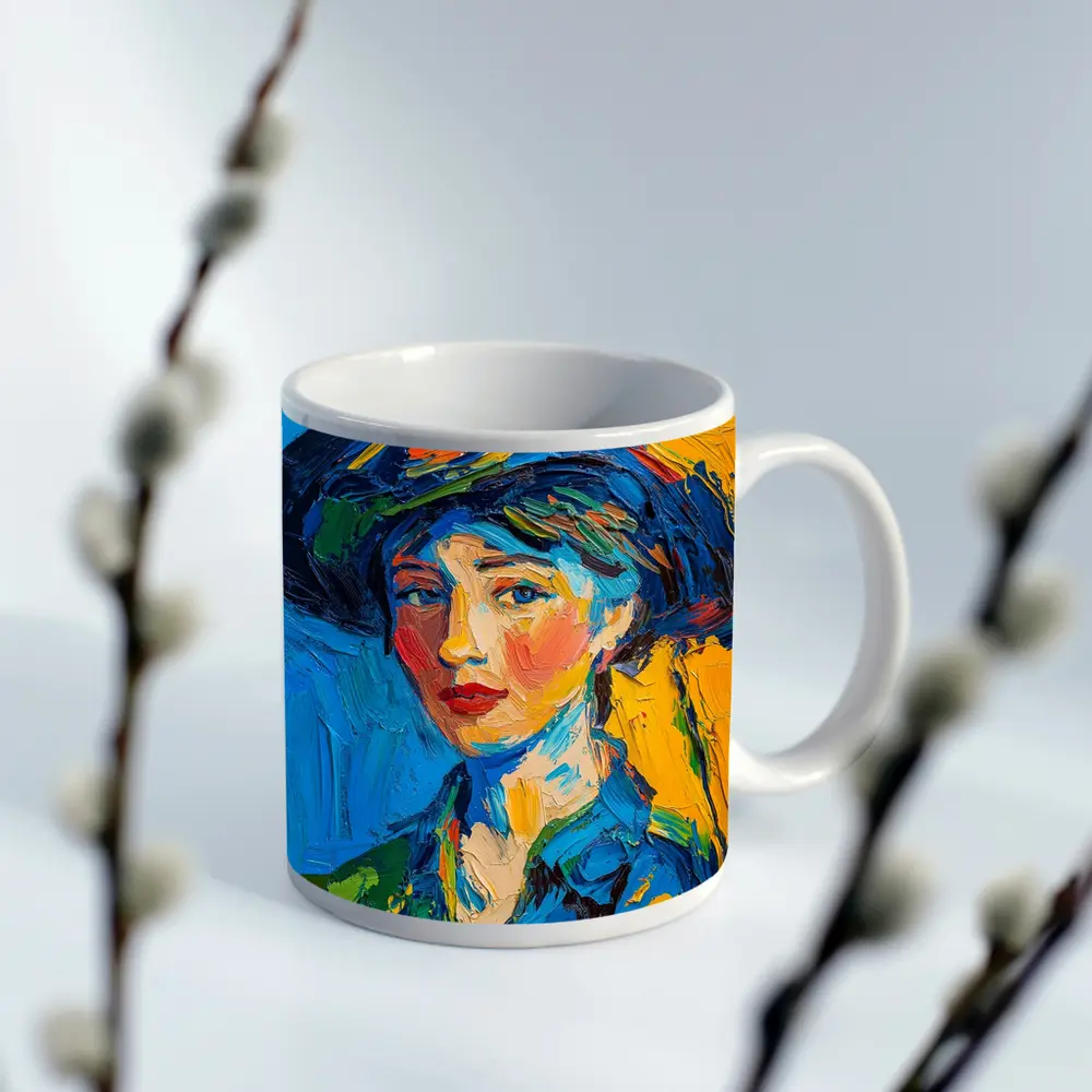 Expressionist Woman Portrait Blue Yellow Background – Mugs