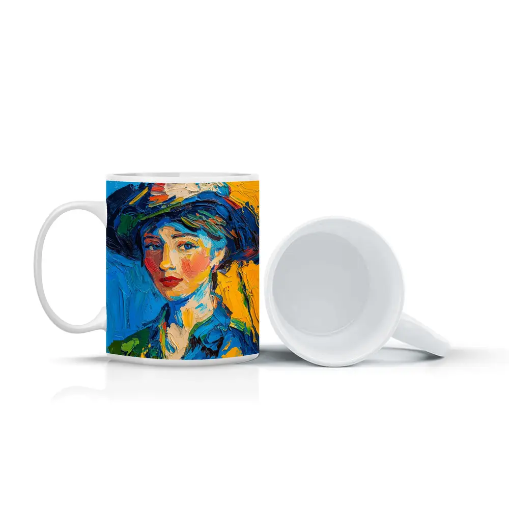 Expressionist Woman Portrait Blue Yellow Background – Mugs