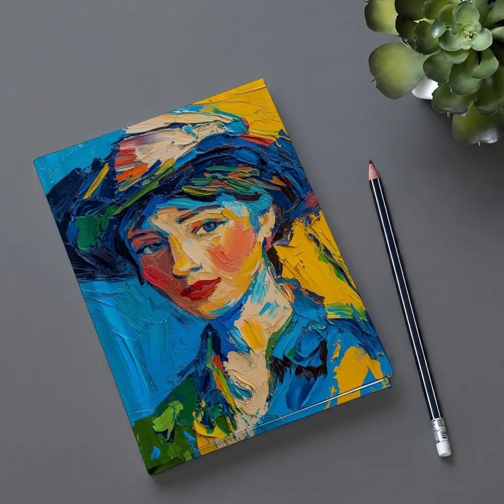 Expressionist Woman Portrait Blue Yellow Background – Notebooks