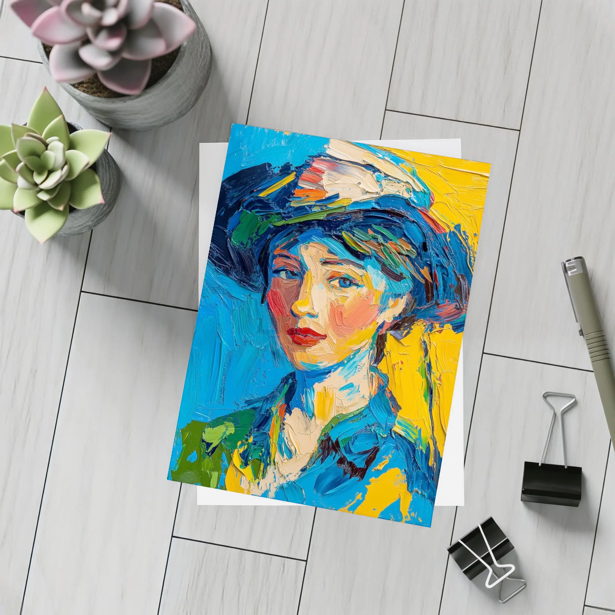 Expressionist Woman Portrait Blue Yellow Background – Postcards