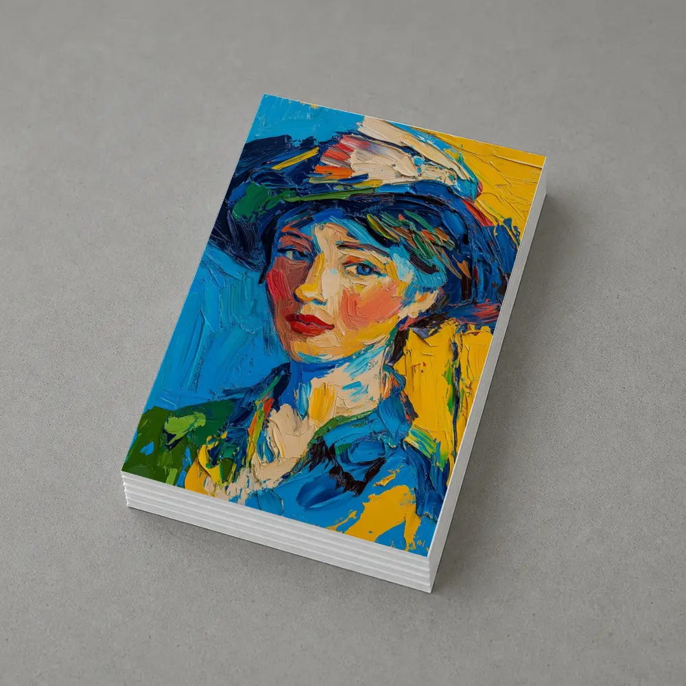 Expressionist Woman Portrait Blue Yellow Background – Postcards