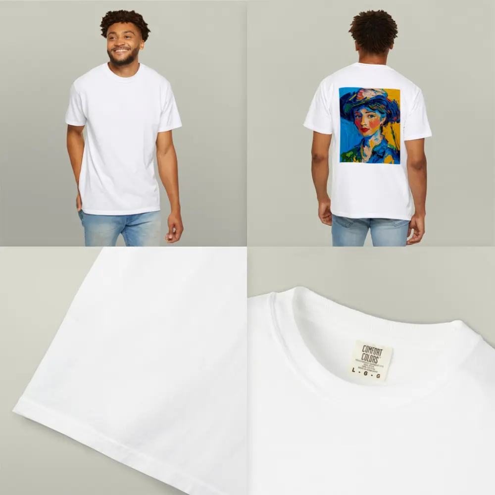 Expressionist Woman Portrait Blue Yellow Background – T-Shirts