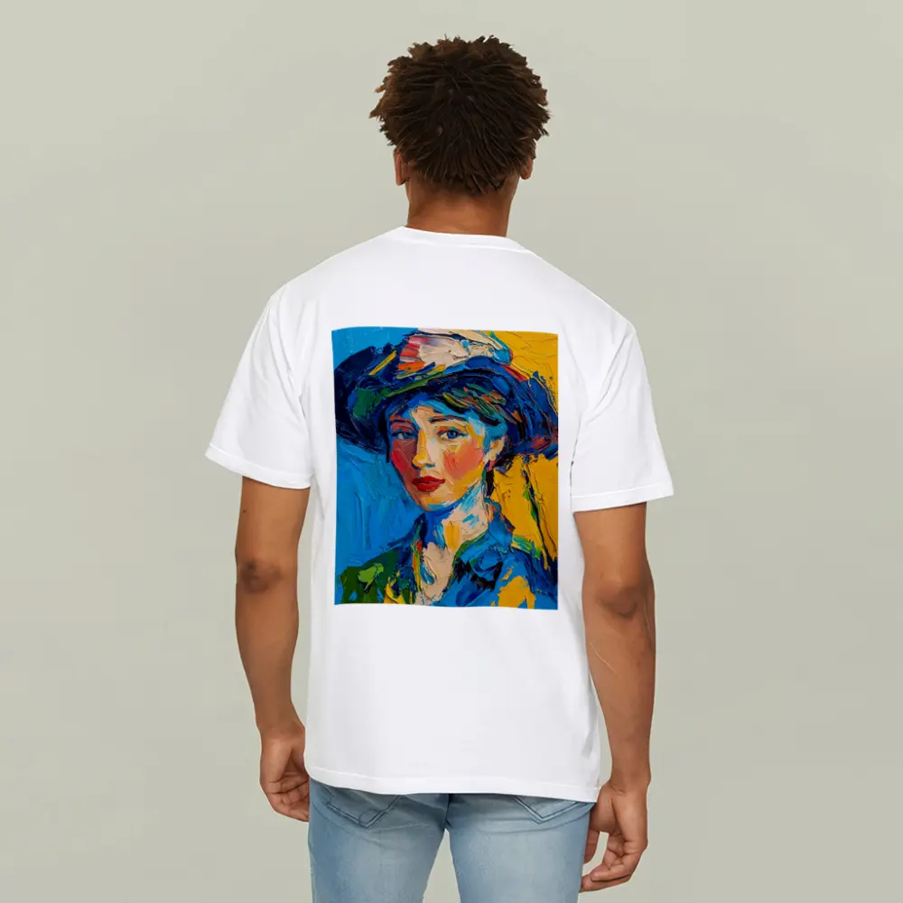 Expressionist Woman Portrait Blue Yellow Background – T-Shirts