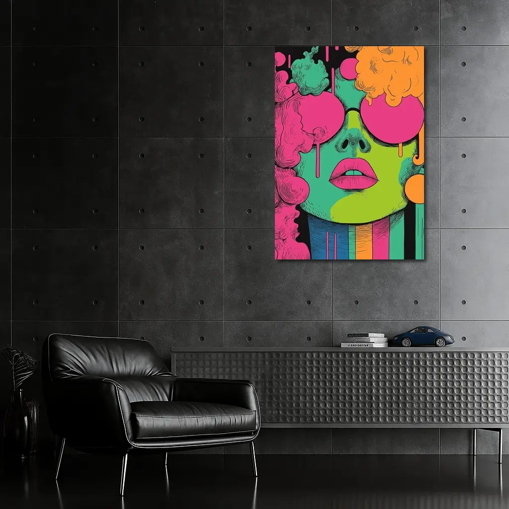 Pop Art Woman Face Neon Colors Illustration – Wall Art