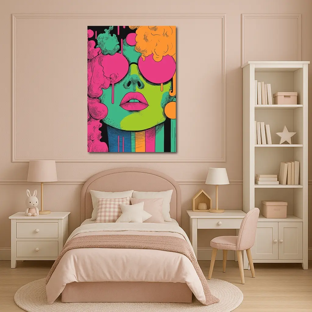 Pop Art Woman Face Neon Colors Illustration – Wall Art