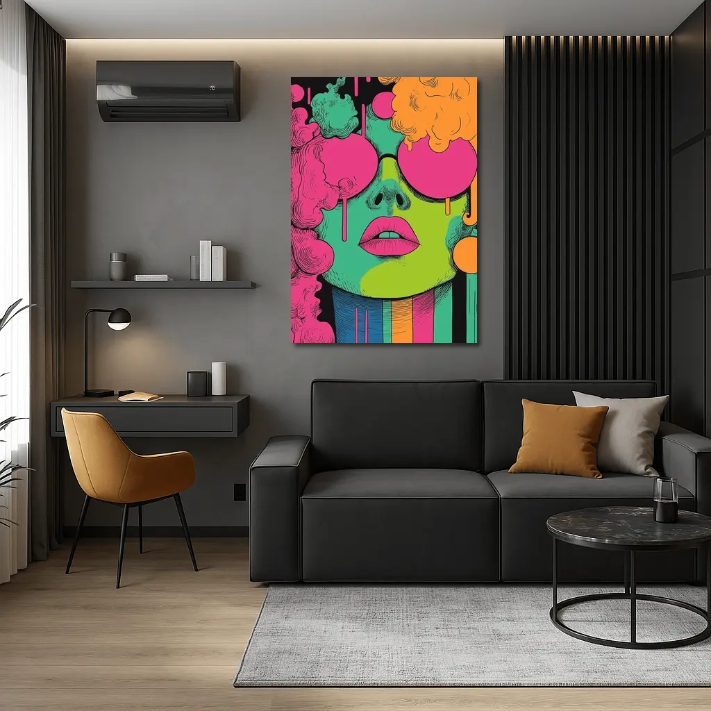 Pop Art Woman Face Neon Colors Illustration – Wall Art