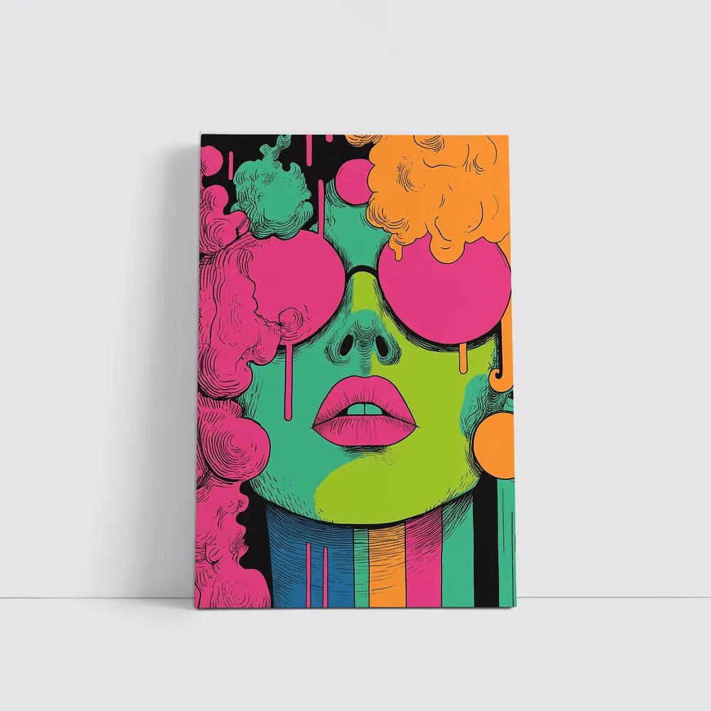 Pop Art Woman Face Neon Colors Illustration – Wall Art