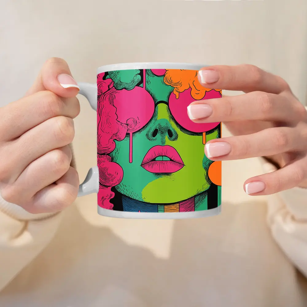 Pop Art Woman Face Neon Colors Illustration – Mugs