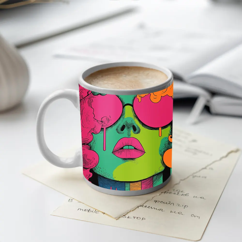 Pop Art Woman Face Neon Colors Illustration – Mugs