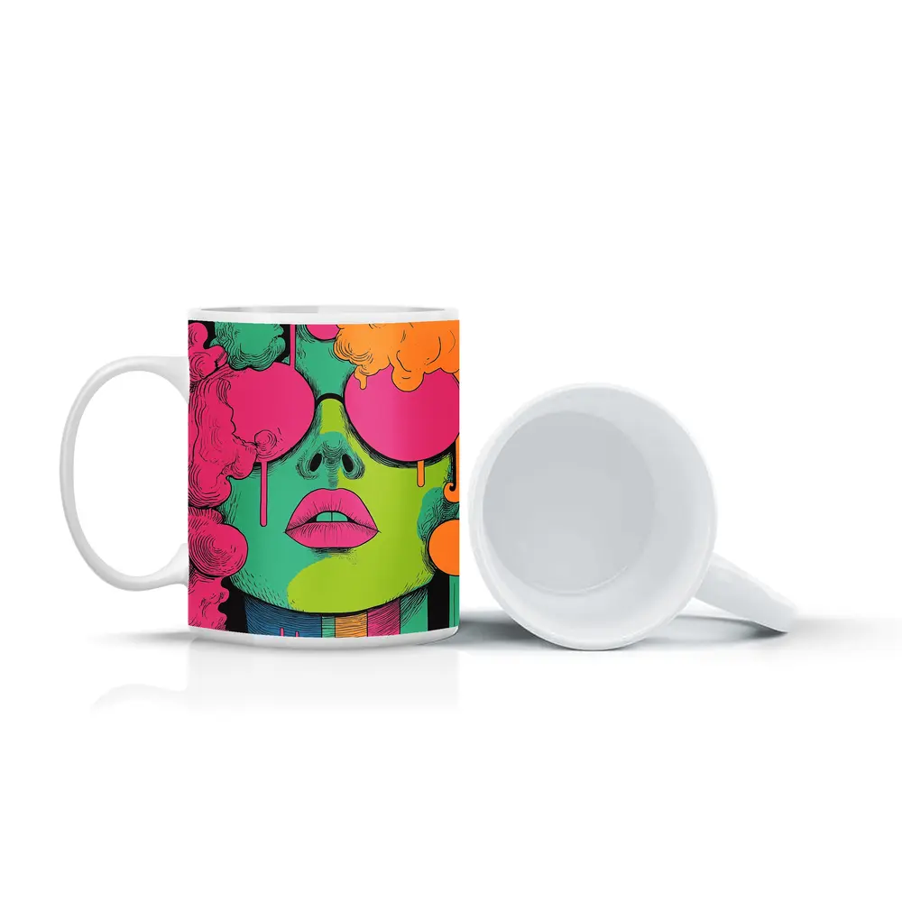 Pop Art Woman Face Neon Colors Illustration – Mugs