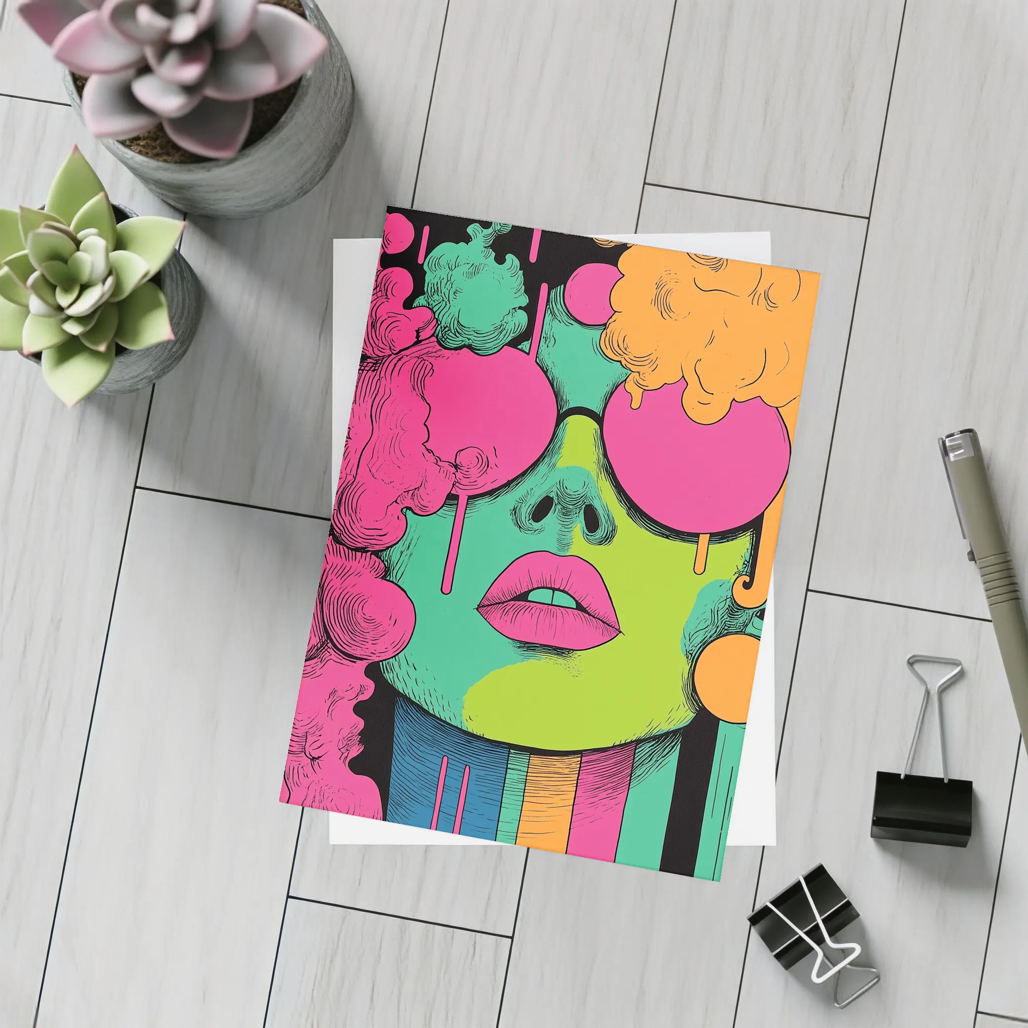 Pop Art Woman Face Neon Colors Illustration – Postcards