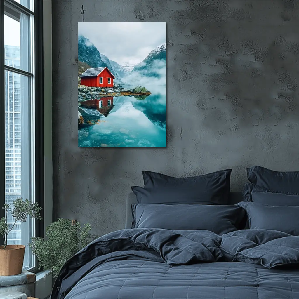 Red Cabin Norway Fjord Misty Mountains – Wall Art