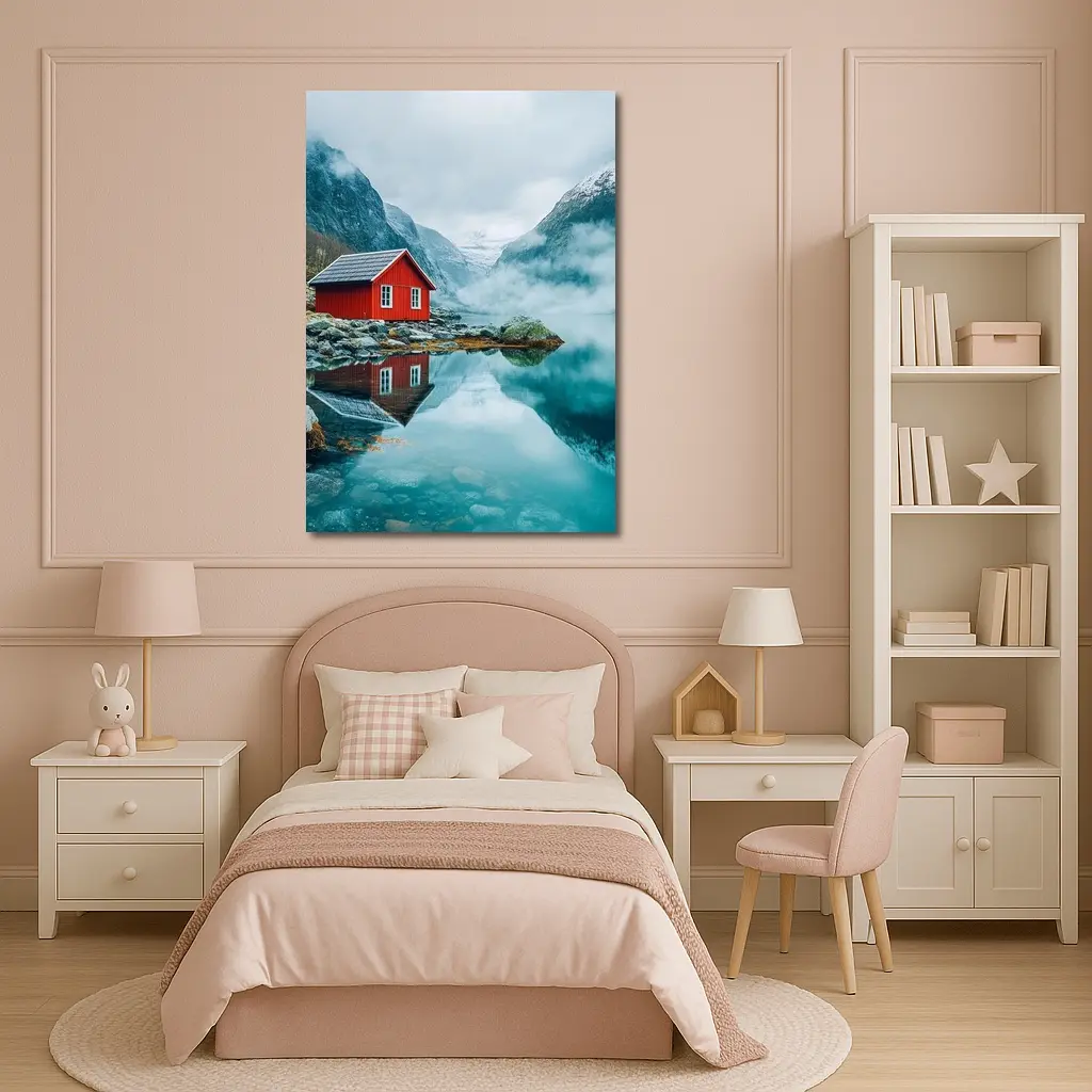Red Cabin Norway Fjord Misty Mountains – Wall Art
