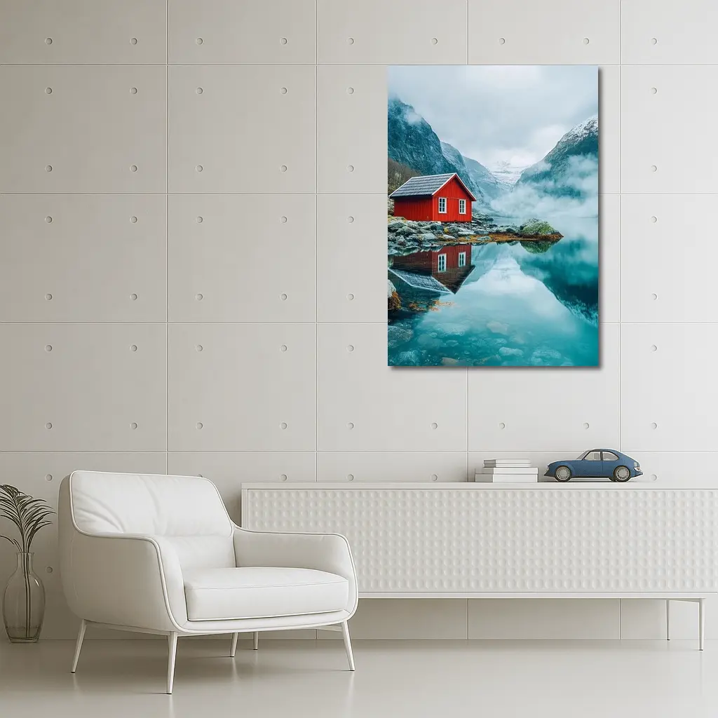 Red Cabin Norway Fjord Misty Mountains – Wall Art