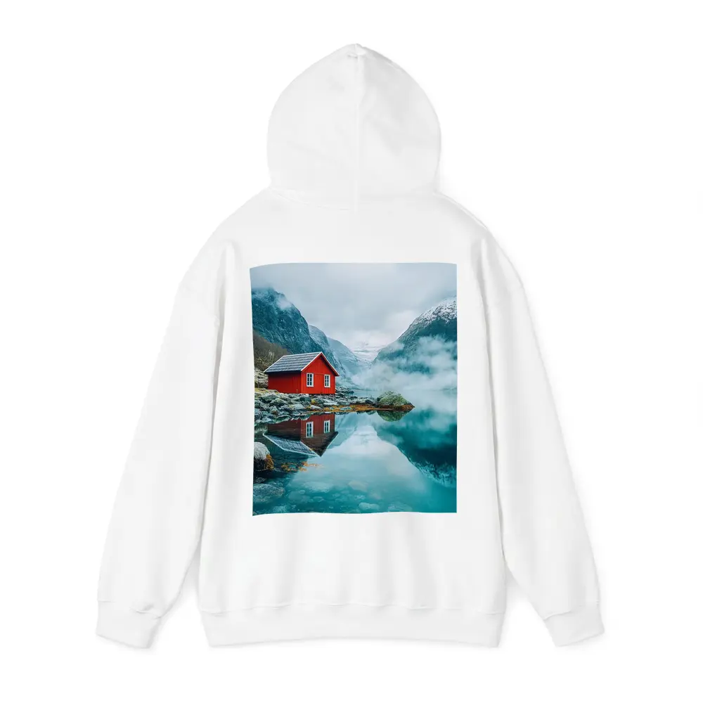 Red Cabin Norway Fjord Misty Mountains – Hoodies
