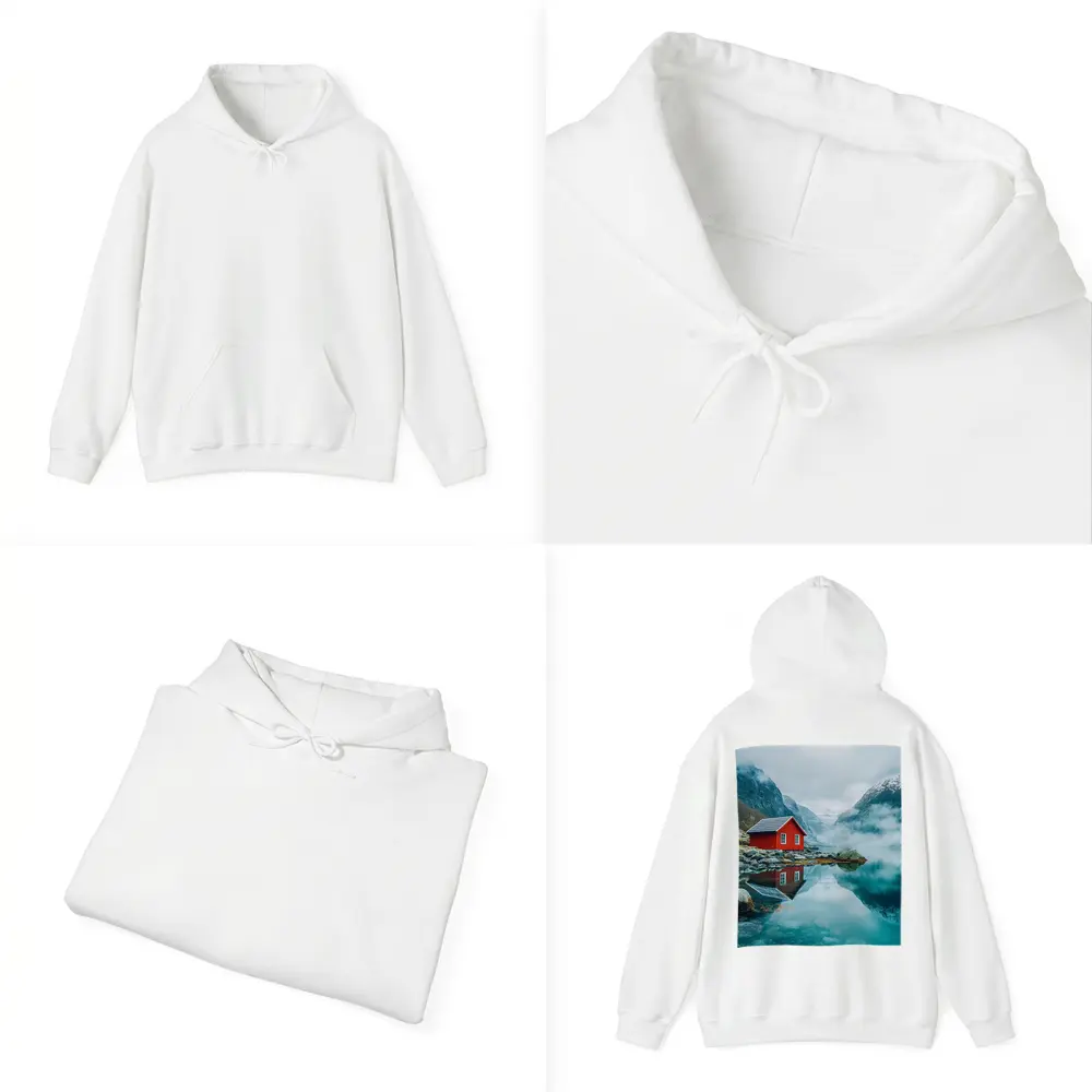 Red Cabin Norway Fjord Misty Mountains – Hoodies
