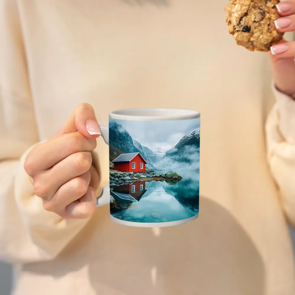 Red Cabin Norway Fjord Misty Mountains – Mugs