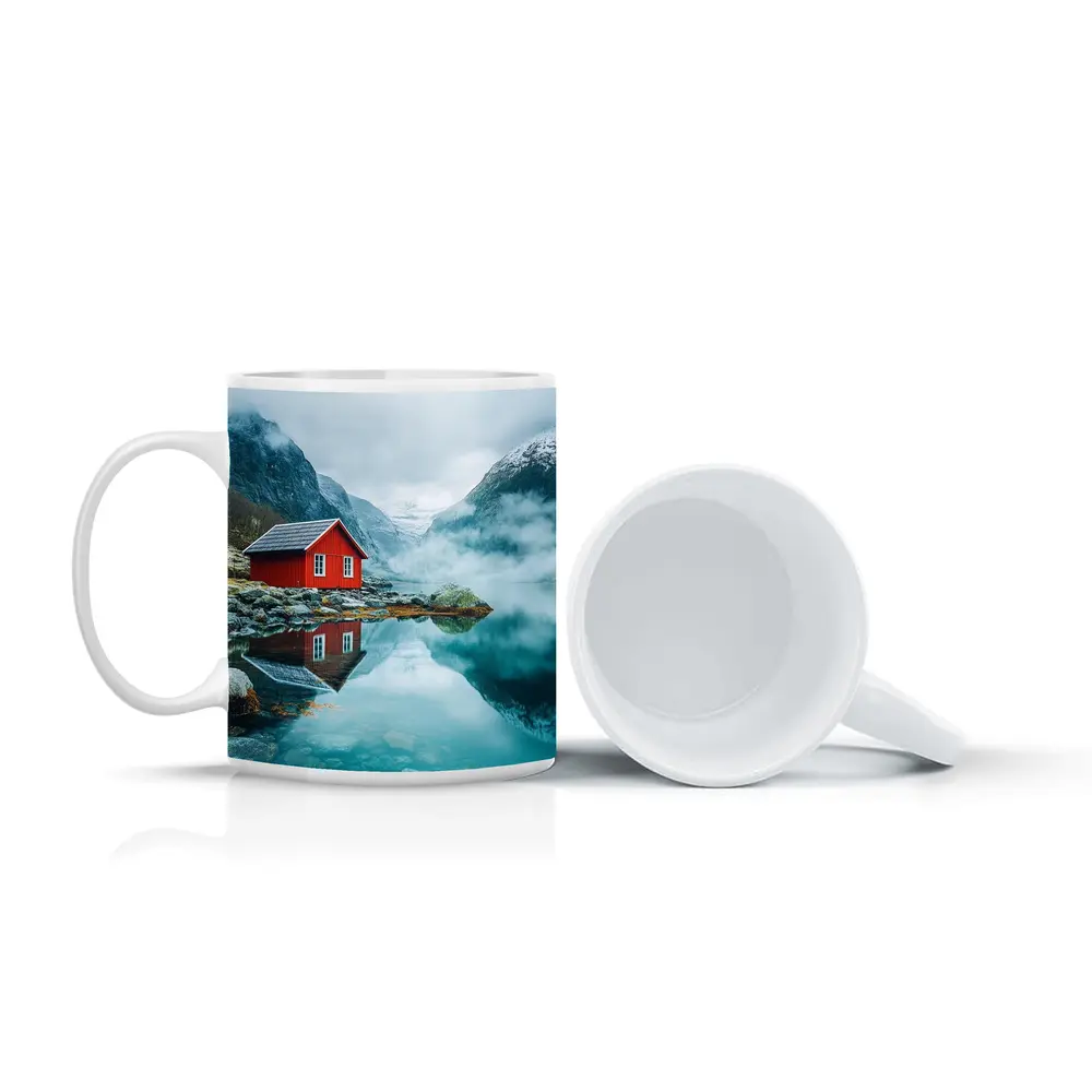 Red Cabin Norway Fjord Misty Mountains – Mugs