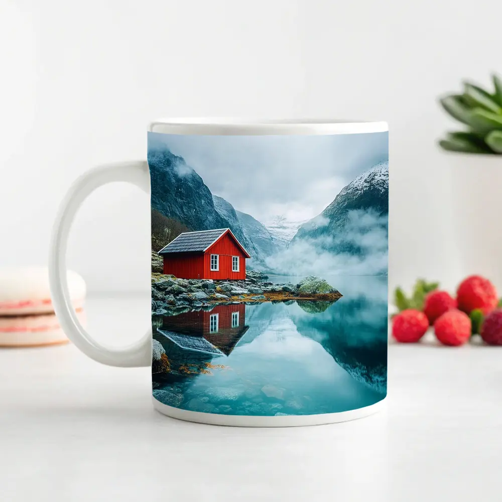 Red Cabin Norway Fjord Misty Mountains – Mugs
