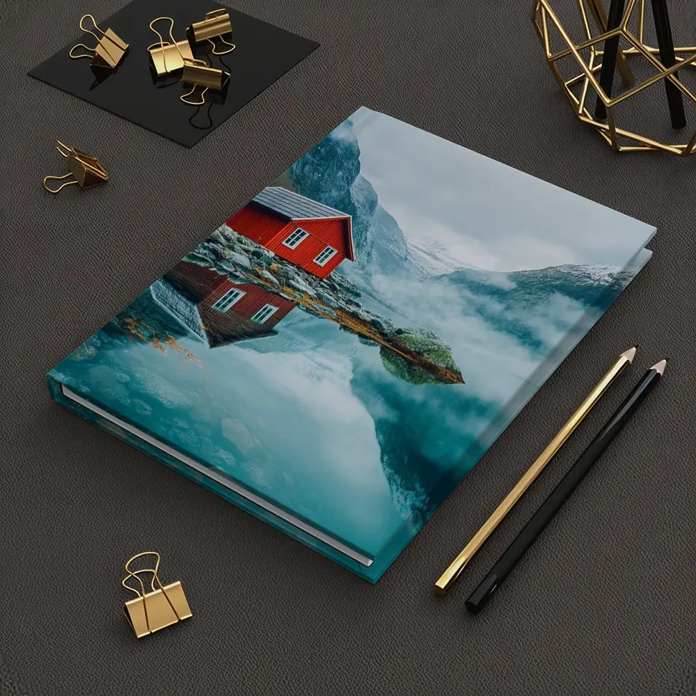 Red Cabin Norway Fjord Misty Mountains – Notebooks