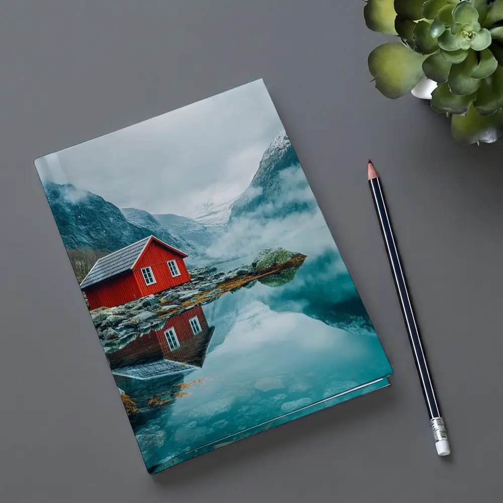 Red Cabin Norway Fjord Misty Mountains – Notebooks