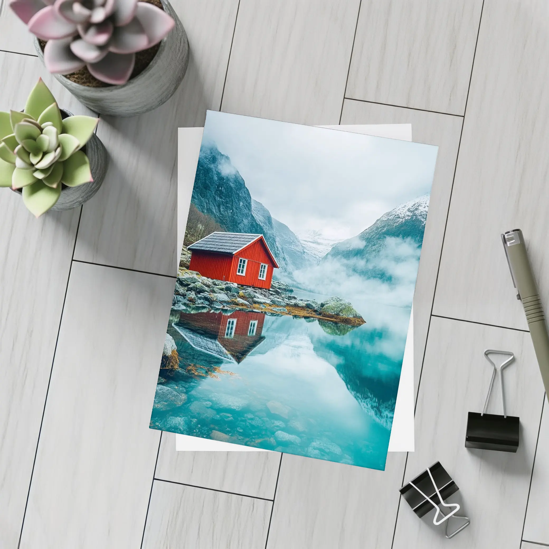 Red Cabin Norway Fjord Misty Mountains – Postcards