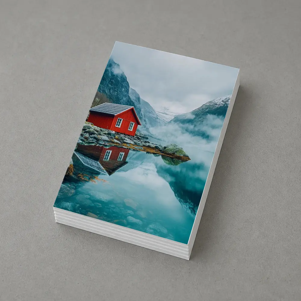 Red Cabin Norway Fjord Misty Mountains – Postcards