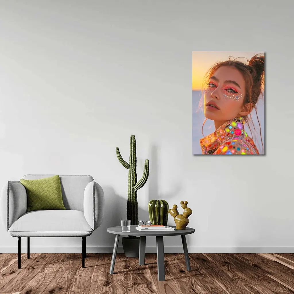Festival Makeup Woman Gems Sunset Desert – Wall Art