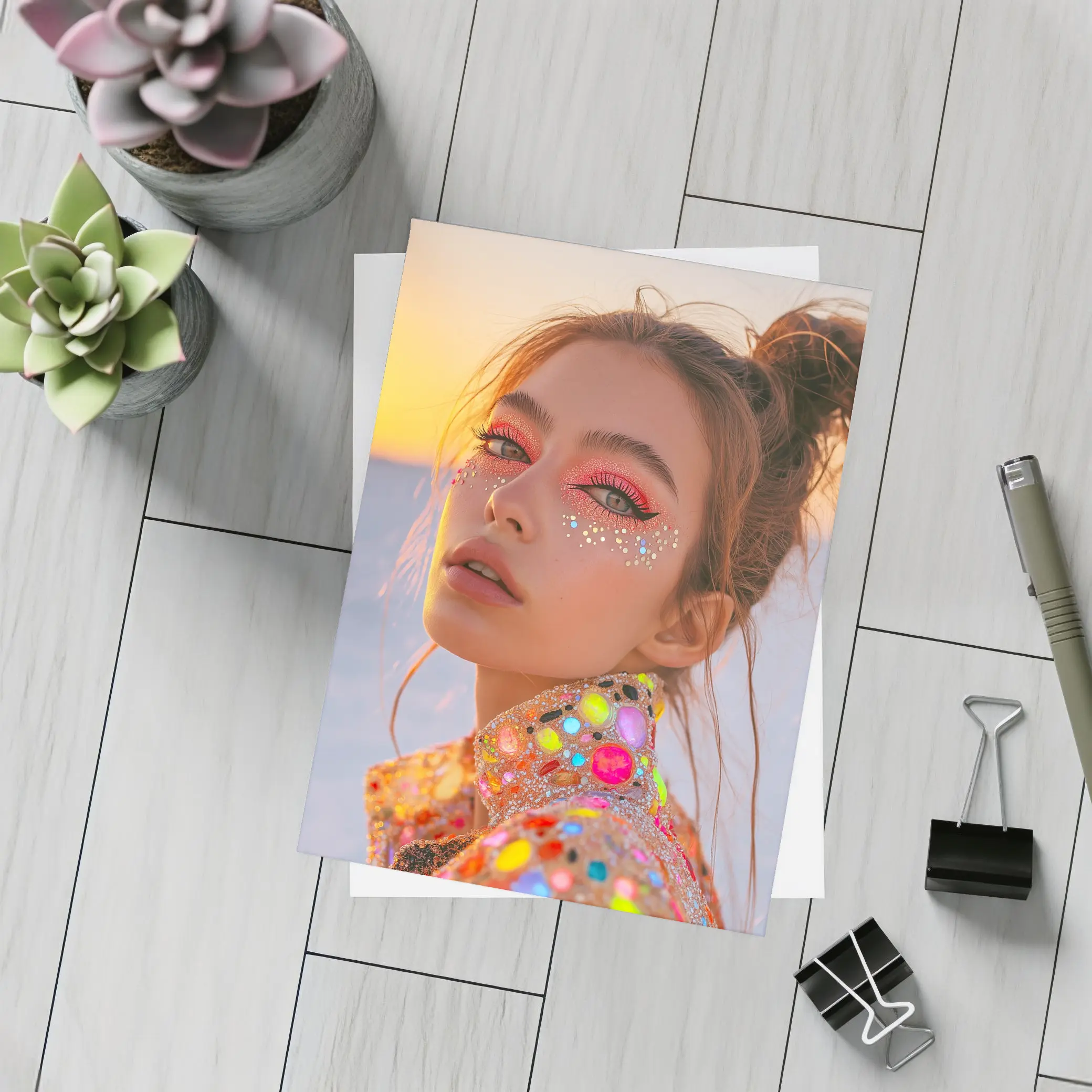 Festival Makeup Woman Gems Sunset Desert – Postcards