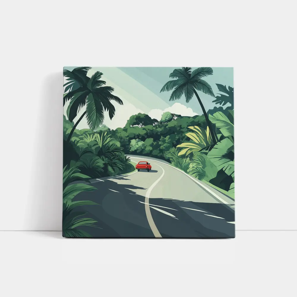 Red Car Winding Tropical Road Flat Art – Wall Art
