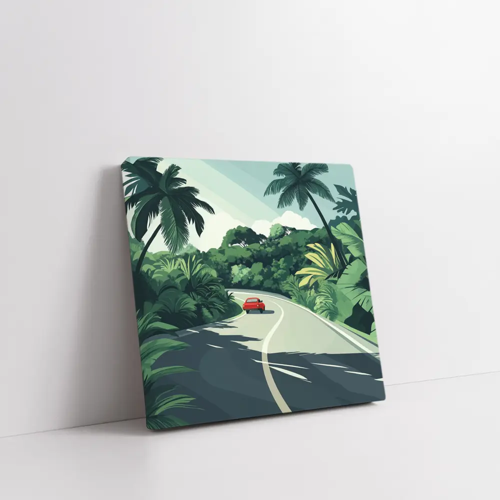 Red Car Winding Tropical Road Flat Art – Wall Art