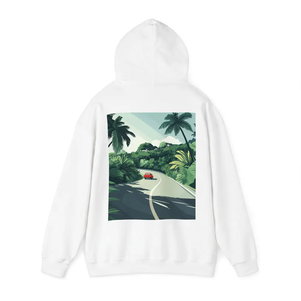 Red Car Winding Tropical Road Flat Art – Hoodies