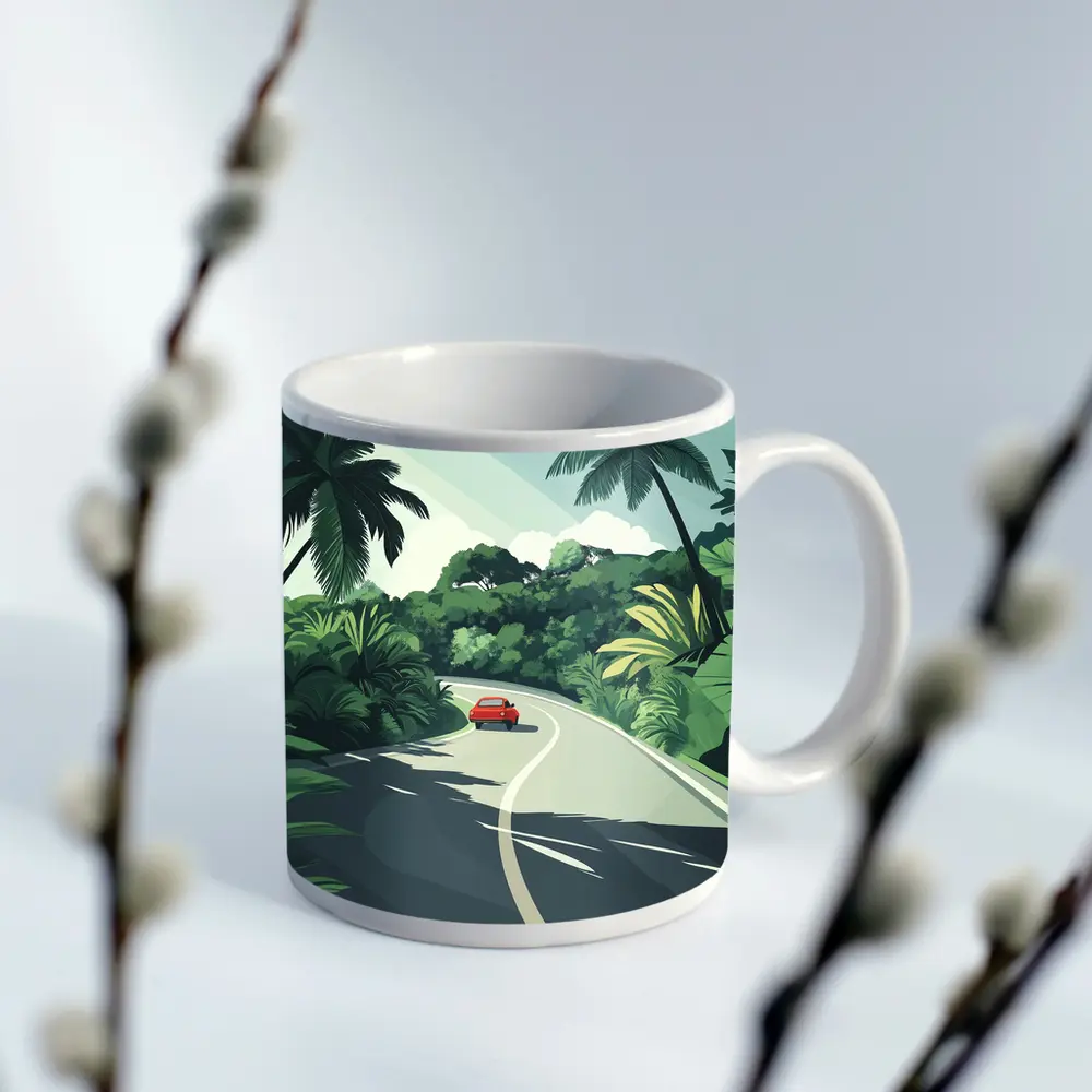 Red Car Winding Tropical Road Flat Art – Mugs