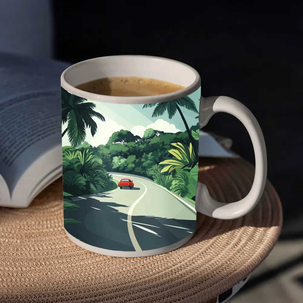 Red Car Winding Tropical Road Flat Art – Mugs