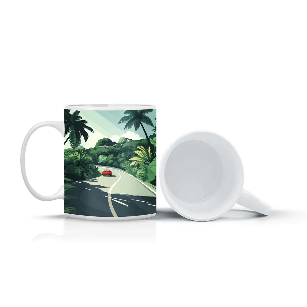 Red Car Winding Tropical Road Flat Art – Mugs