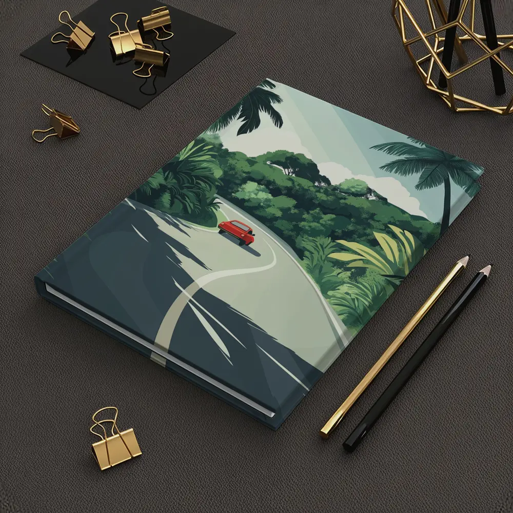 Red Car Winding Tropical Road Flat Art – Notebooks